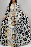Golden Tiger Stripes Leopard Snakeskin Print Lace Up Belted Long Sleeve O Neck Casual Swing Maxi Dresses