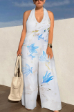 Beige Floral Print Lace Up Sleeveless Backless Loose Straight Leg Halter Jumpsuits