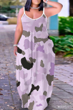 Purple Red Graphics Print Backless Spaghetti Strap Sleeveless Vacation Loose Long Maxi Slip Dresses