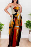 Blue Yellow Graffiti Print Backless Spaghetti Strap Floor Length Vacation Baggy Plus Size Sundress Slip Maxi Dress