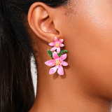 Pink Metallic Colored Oil Dripping Flowers Vacation Earrings