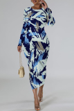 Green National Totem Print O Neck Long Sleeve Casual Bodycon Midi Dress