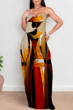 Blue Yellow Graffiti Print Backless Spaghetti Strap Floor Length Vacation Baggy Plus Size Sundress Slip Maxi Dress