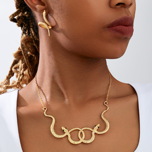 Gold Twelve Zodiac Metal Double Snake Wrapped Necklace Earrings Two Piece Set