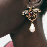 Gold Insect Pearls Decor Drop Earrings Animal Shape Diamond Earrings