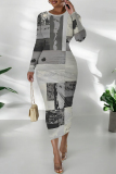 Green National Totem Print O Neck Long Sleeve Casual Bodycon Midi Dress