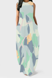 Dark Blue Gradient Colorblock Print Sleeveless O Neck Pocket Casual Loose Maxi Tank Dresses