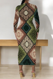 Green National Totem Print O Neck Long Sleeve Casual Bodycon Midi Dress