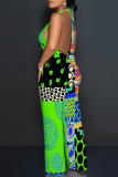Blue Tiger Stripes Geometric Print Lace Up Backless Contrast Halter Loose Straight Leg Jumpsuits
