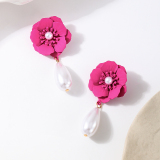 Rose Red Three-Dimensional Flowers Pearls Decor Water Drop Pendant Earrings