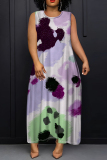 Dark Purple Graphics Print Sleeveless O Neck Pocket Casual Loose Vacation Maxi Dresses
