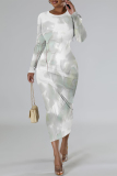 Green National Totem Print O Neck Long Sleeve Casual Bodycon Midi Dress
