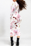 White Floral Print Half A Turtleneck Long Sleeve Vacation Bodycon Maxi Dresses