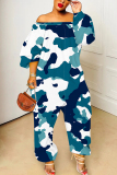 Dark Blue White Graphics Print Off Shoulder Long Sleeve Casual Vacation Harem Leg Jumpsuits