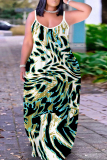 Black White Graphics Print Backless Spaghetti Strap Floor Length Vacation Baggy Plus Size Sundress Slip Maxi Dress