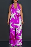 Blue Tiger Stripes Geometric Print Lace Up Backless Contrast Halter Loose Straight Leg Jumpsuits