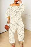 Dark Blue White Graphics Print Off Shoulder Long Sleeve Casual Vacation Harem Leg Jumpsuits