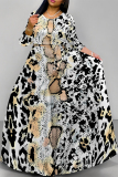 Golden Tiger Stripes Leopard Snakeskin Print Lace Up Belted Long Sleeve O Neck Casual Swing Maxi Dresses