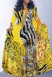 Golden Tiger Stripes Leopard Snakeskin Print Lace Up Belted Long Sleeve O Neck Casual Swing Maxi Dresses