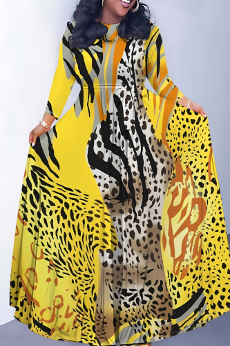 Golden Tiger Stripes Leopard Snakeskin Print Lace Up Belted Long Sleeve O Neck Casual Swing Maxi Dresses