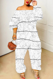 Dark Blue White Graphics Print Off Shoulder Long Sleeve Casual Vacation Harem Leg Jumpsuits