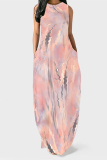 Dark Blue Gradient Colorblock Print Sleeveless O Neck Pocket Casual Loose Maxi Tank Dresses