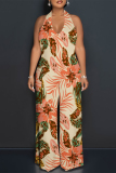 Beige Floral Print Lace Up Sleeveless Backless Loose Straight Leg Halter Jumpsuits
