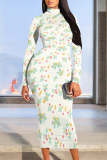 White Floral Print Half A Turtleneck Long Sleeve Vacation Bodycon Maxi Dresses