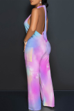 Light Yellow Tie Dye Gradient Print Lace Up Backless Contrast Halter Loose Straight Leg Jumpsuits