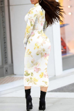 White Floral Print Half A Turtleneck Long Sleeve Vacation Bodycon Maxi Dresses