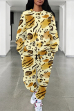Blue Purple Leopard Print O Neck Long Sleeve Sweatshirt And Pants Sportwear Casual Two Pieces Jogger Set