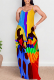 Blue Yellow Graffiti Print Backless Spaghetti Strap Floor Length Vacation Baggy Plus Size Sundress Slip Maxi Dress