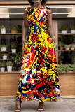 Blue Yellow Tie Dye Print Sleeveless O Neck Pocket Casual Loose Vacation Maxi Dresses