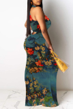 Beige Floral Print O Neck Sleeveless Party Evening Party Bodycon Maxi Dresses
