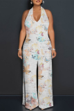 Beige Floral Print Lace Up Sleeveless Backless Loose Straight Leg Halter Jumpsuits