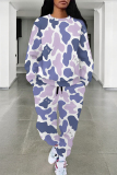 Blue Purple Leopard Print O Neck Long Sleeve Sweatshirt And Pants Sportwear Casual Two Pieces Jogger Set
