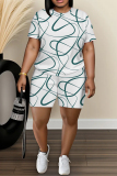 Blue Graphics Print O Neck Short Sleeve Oversize T Shirt And Shorts Set Casual Sportwear Plus Size Two Piece Matching Set