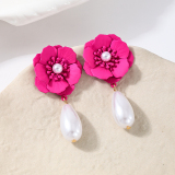 Rose Red Three-Dimensional Flowers Pearls Decor Water Drop Pendant Earrings