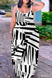 Black White Graphics Print Backless Spaghetti Strap Floor Length Vacation Baggy Plus Size Sundress Slip Maxi Dress