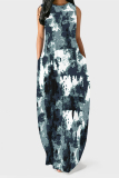 Dark Blue Gradient Colorblock Print Sleeveless O Neck Pocket Casual Loose Maxi Tank Dresses