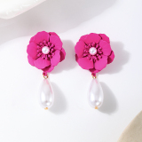 Rose Red Three-Dimensional Flowers Pearls Decor Water Drop Pendant Earrings