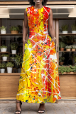Blue Yellow Tie Dye Print Sleeveless O Neck Pocket Casual Loose Vacation Maxi Dresses