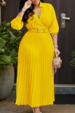 Purple V Neck Long Sleeve With Belt Casual Formal Office Lady A Line Pleated Maxi Dresses