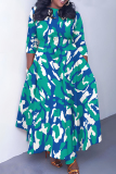 Pink Graphics Print O Neck 3/4 Sleeve Belted Pockets Long Vacation Casual Pleated A Line Maxi Dresses