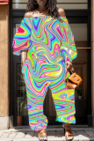 Colorful Graphics Print Off Shoulder Long Sleeve Casual Vacation Harem Leg Jumpsuits