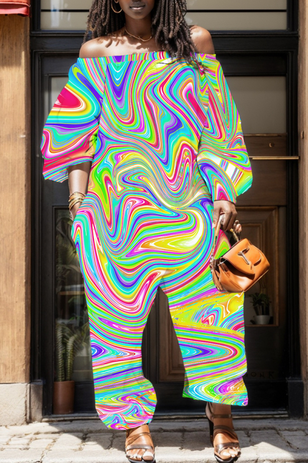 Colorful Graphics Print Off Shoulder Long Sleeve Casual Vacation Harem Leg Jumpsuits
