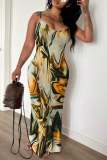 Light Green Graphics Print Backless Sleeveless Spaghetti Strap Floor Length Long Baggy Vacation Maxi Slip Dresses