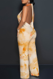 Light Yellow Tie Dye Gradient Print Lace Up Backless Contrast Halter Loose Straight Leg Jumpsuits