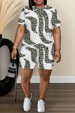Blue Graphics Print O Neck Short Sleeve Oversize T Shirt And Shorts Set Casual Sportwear Plus Size Two Piece Matching Set