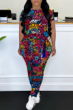 Rose Red Graphics Print O Neck Short Sleeve T Shirt and Skinny Pants Casual Two Pieces Trouser Sets